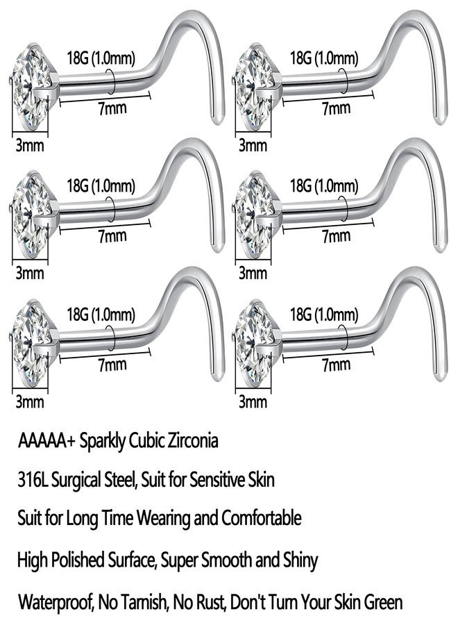 Fzroezz 6Pcs Nose Studs 18 Gauge Corkscrew Nose Piercings Nose Rings Studs Nostril Nose Piercing Jewelry Silver Nose Ring Nose Stud Nose Piercing Surgical Steel Nose Jewelry 18G Cute Real Nose Piercing Stud Nose Rings Hypoallergenic Big Screw Nose Ring 3mm Round Clear Diamond CZ Thin Set Curved - Image 2
